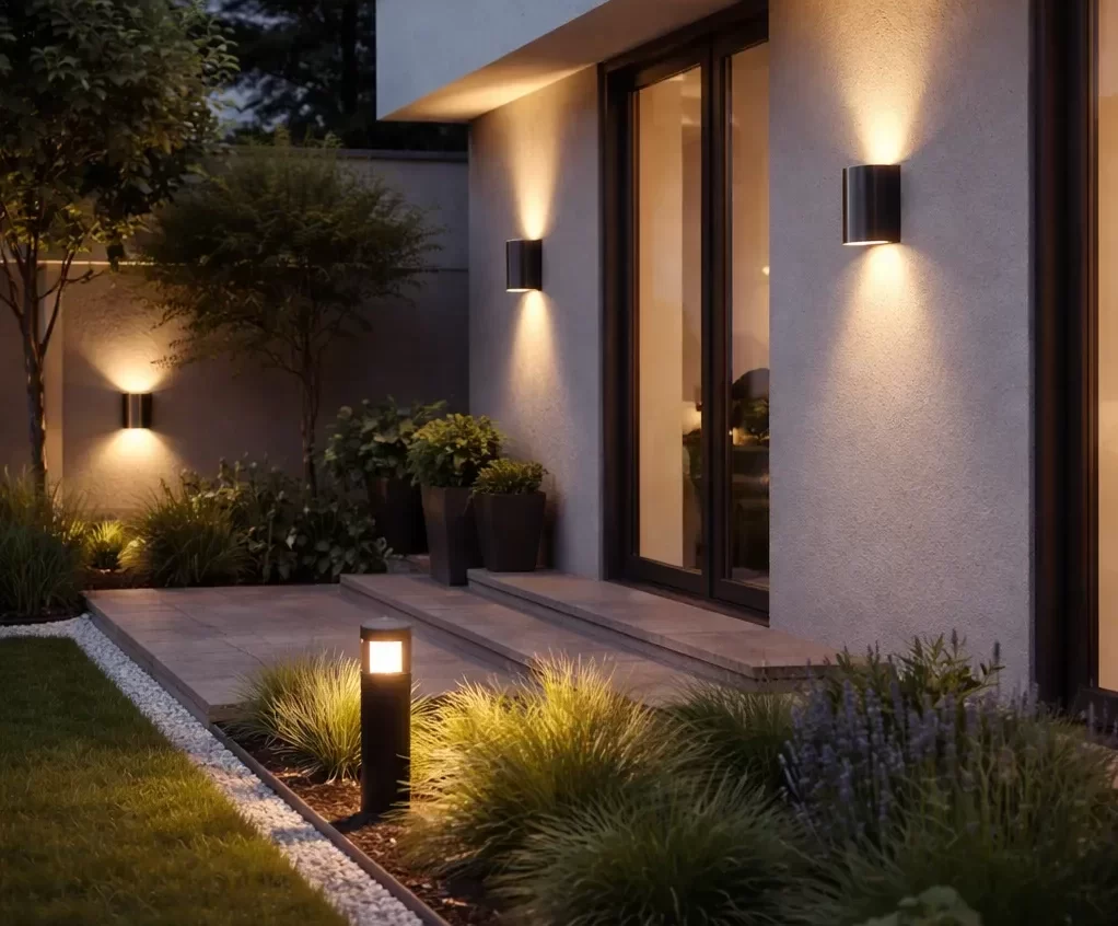 Sfeervolle buitenverlichting bij een rustieke schuur.