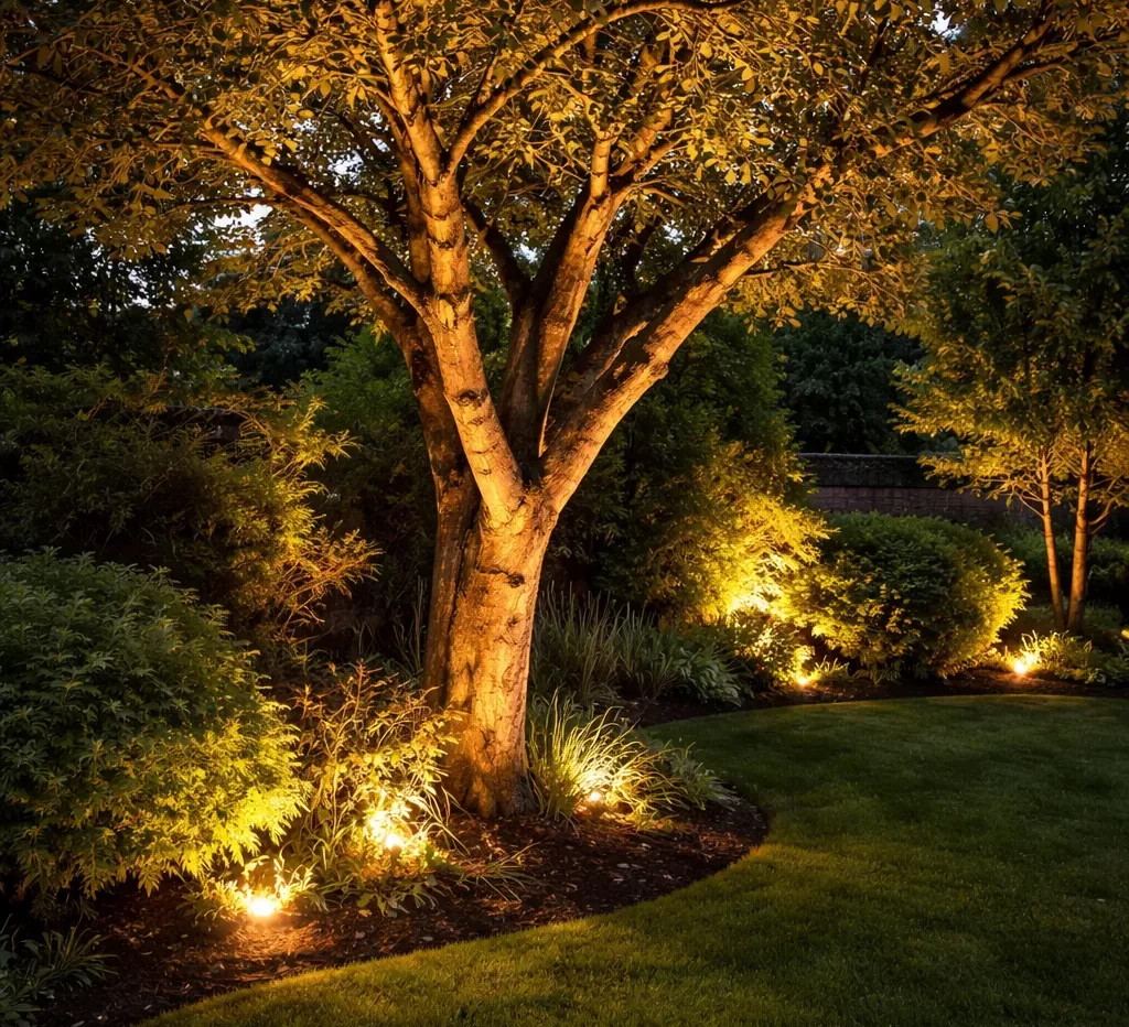 Sfeervolle boomverlichting in de avond.