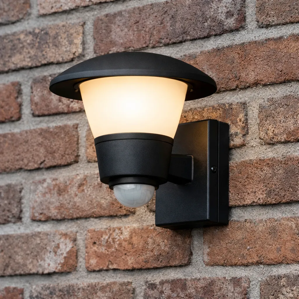 Moderne buitenwandlamp met bewegingssensor in zwart design, gemonteerd op een bakstenen muur.