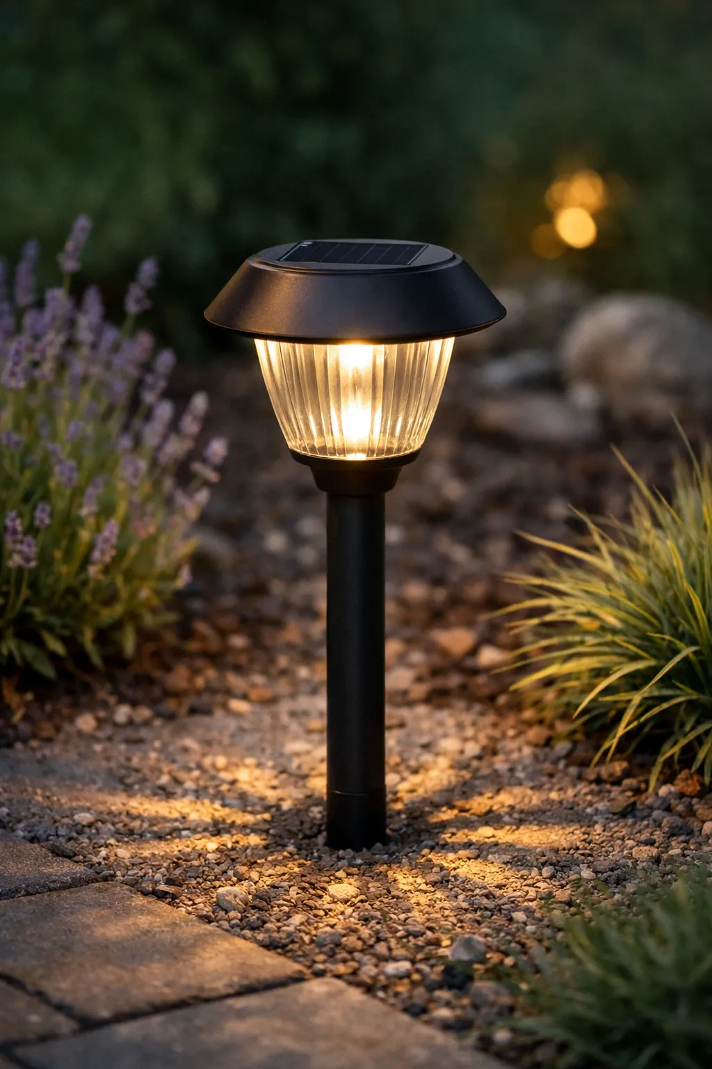 Moderne solar tuinlamp met warm licht langs een tuinpad.