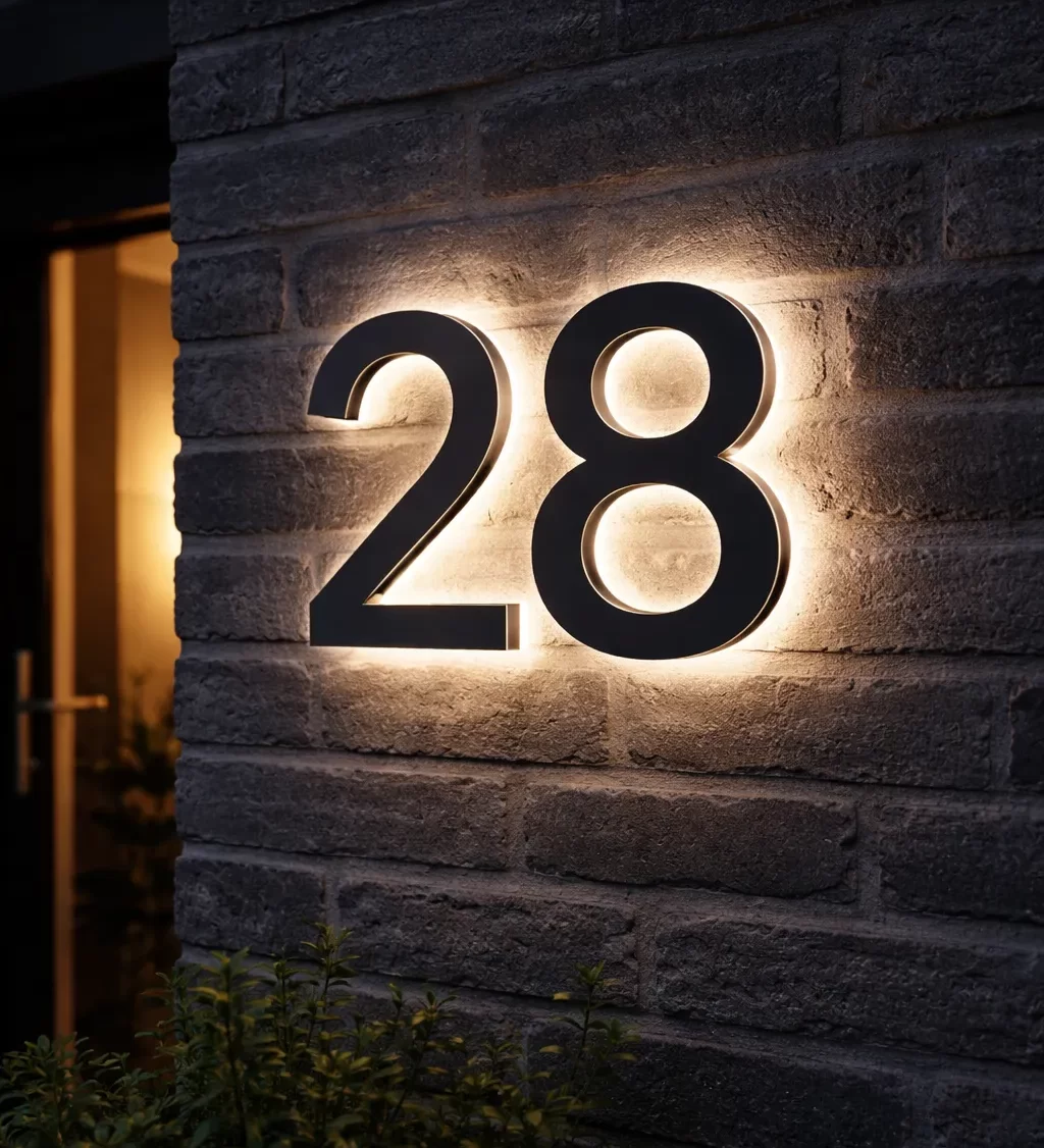 Moderne verlichte huisnummers aan een gevel.
