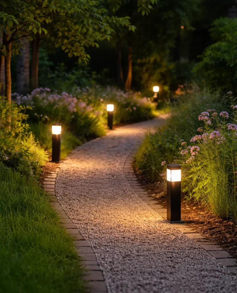 Sfeervolle lampen langs een tuinpad.