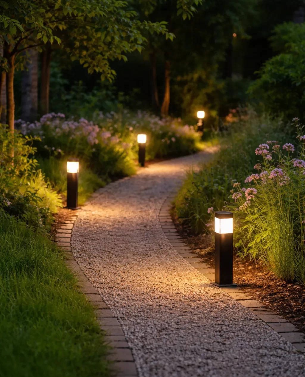 Sfeervolle lampen langs een tuinpad.