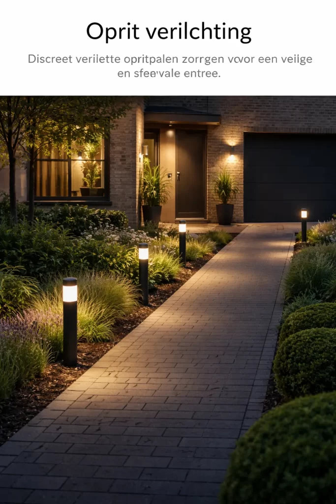 Strakke buitenlampen langs de oprit zorgen voor een warme, veilige en stijlvolle entree.