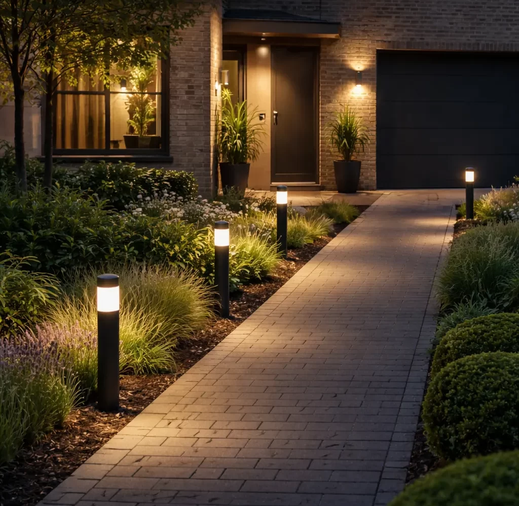 Strakke buitenlampen langs de oprit zorgen voor een warme, veilige en stijlvolle entree.