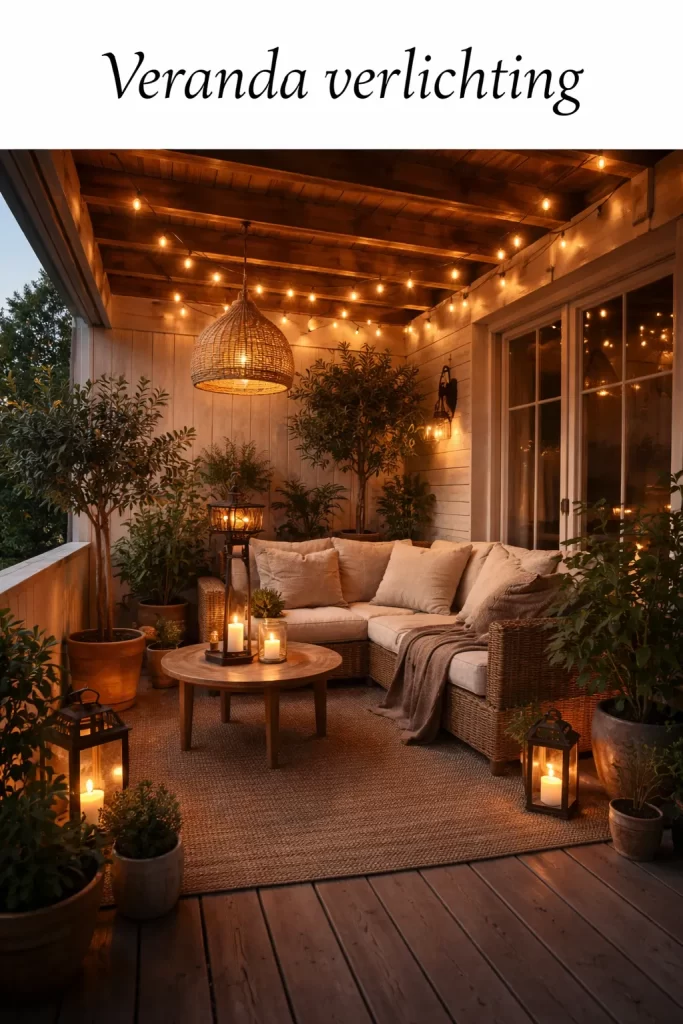Warme en sfeervolle veranda met zachte verlichting voor een gezellige avond.