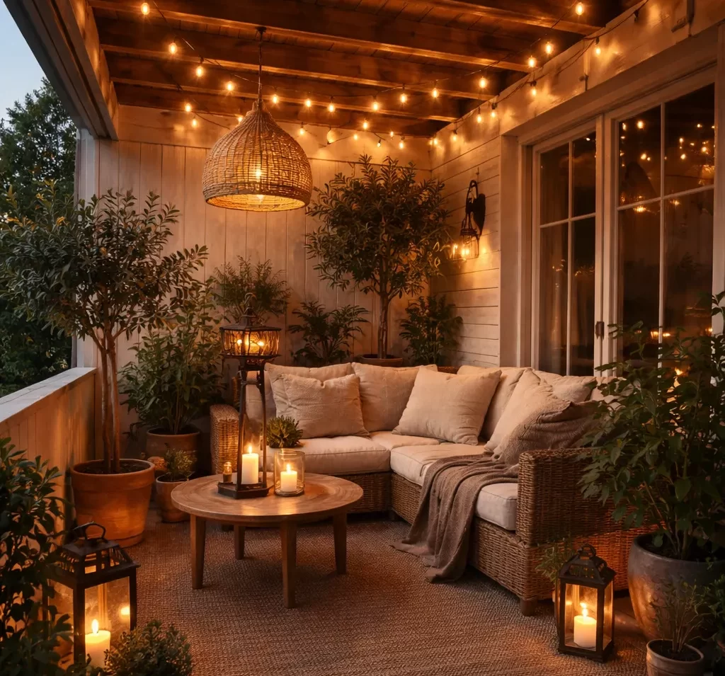 Warme en sfeervolle veranda met zachte verlichting voor een gezellige avond.