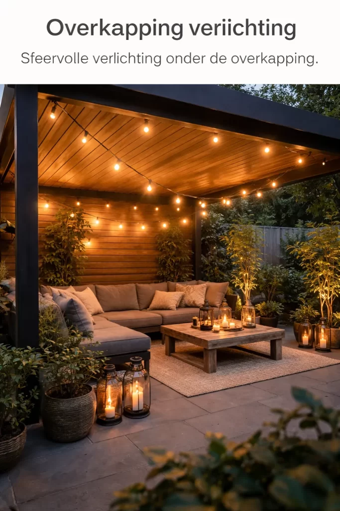 Sfeervolle verlichting onder een moderne overkapping.