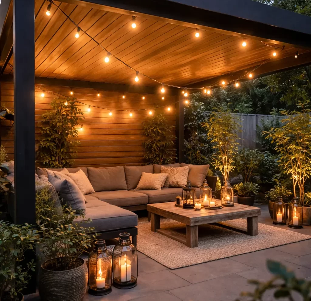 Sfeervolle verlichting onder een moderne overkapping.