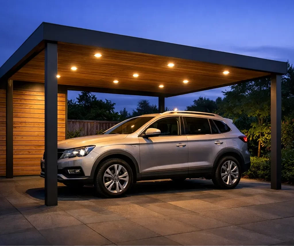 Moderne verlichting voor een veilige en sfeervolle carport.