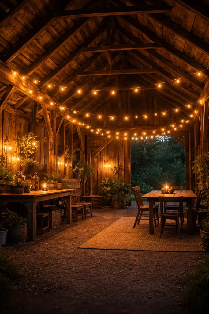 Warme, sfeervolle verlichting in een rustieke schuur met houten balken en lichtslingers.