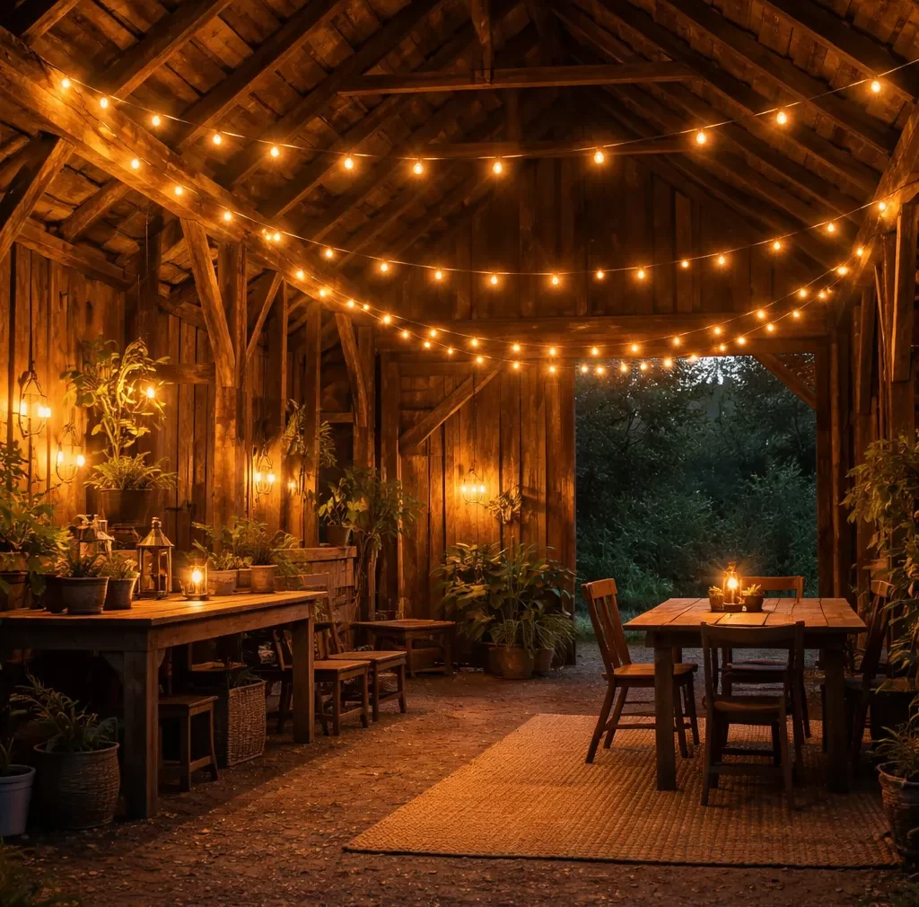 Warme, sfeervolle verlichting in een rustieke schuur met houten balken en lichtslingers.