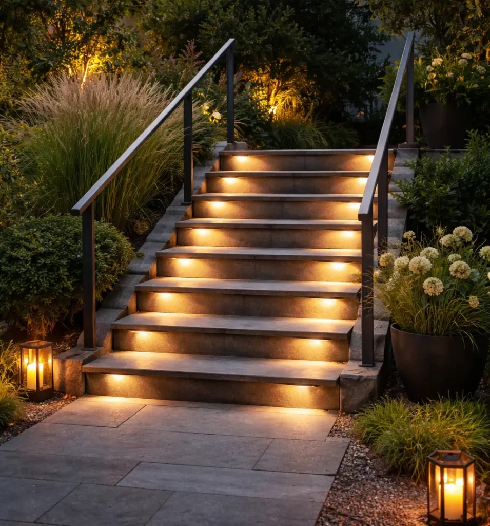 Sfeervolle en veilige verlichting voor buitentrappen.