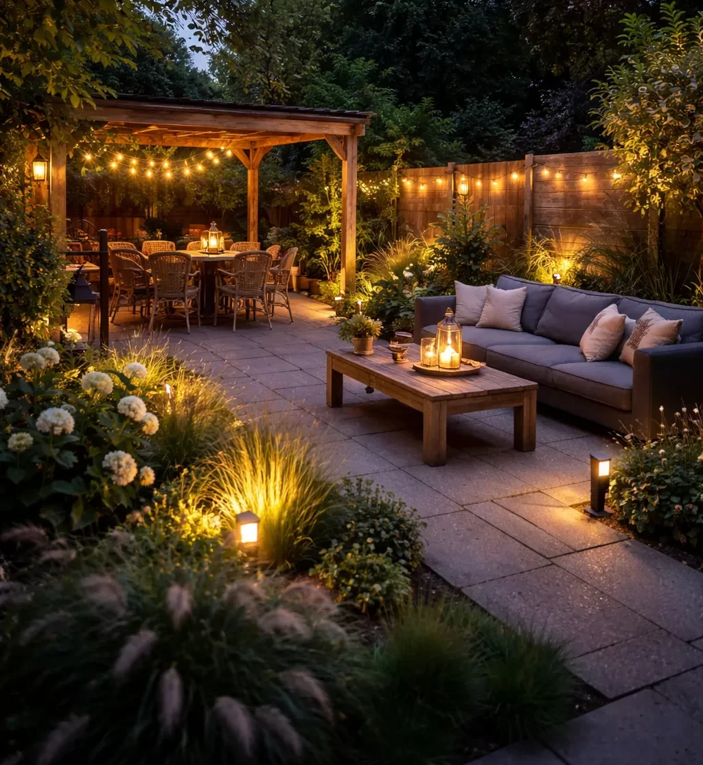 Sfeervolle tuinverlichting voor een warme avond.