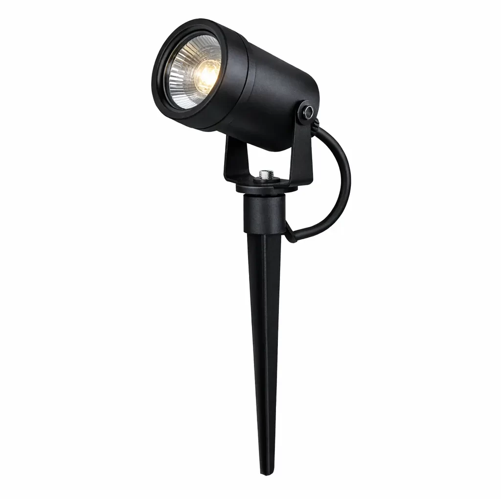 Zwarte 12V tuinspot voor sfeervolle buitenverlichting.