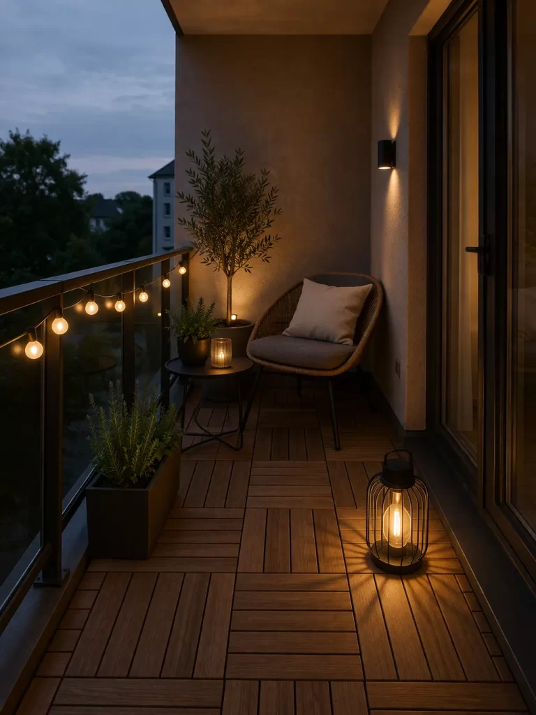 Sfeervol balkon met warme buitenverlichting in een moderne stijl.