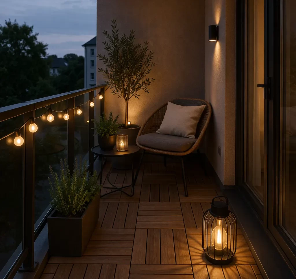 Sfeervol balkon met warme buitenverlichting in een moderne stijl.