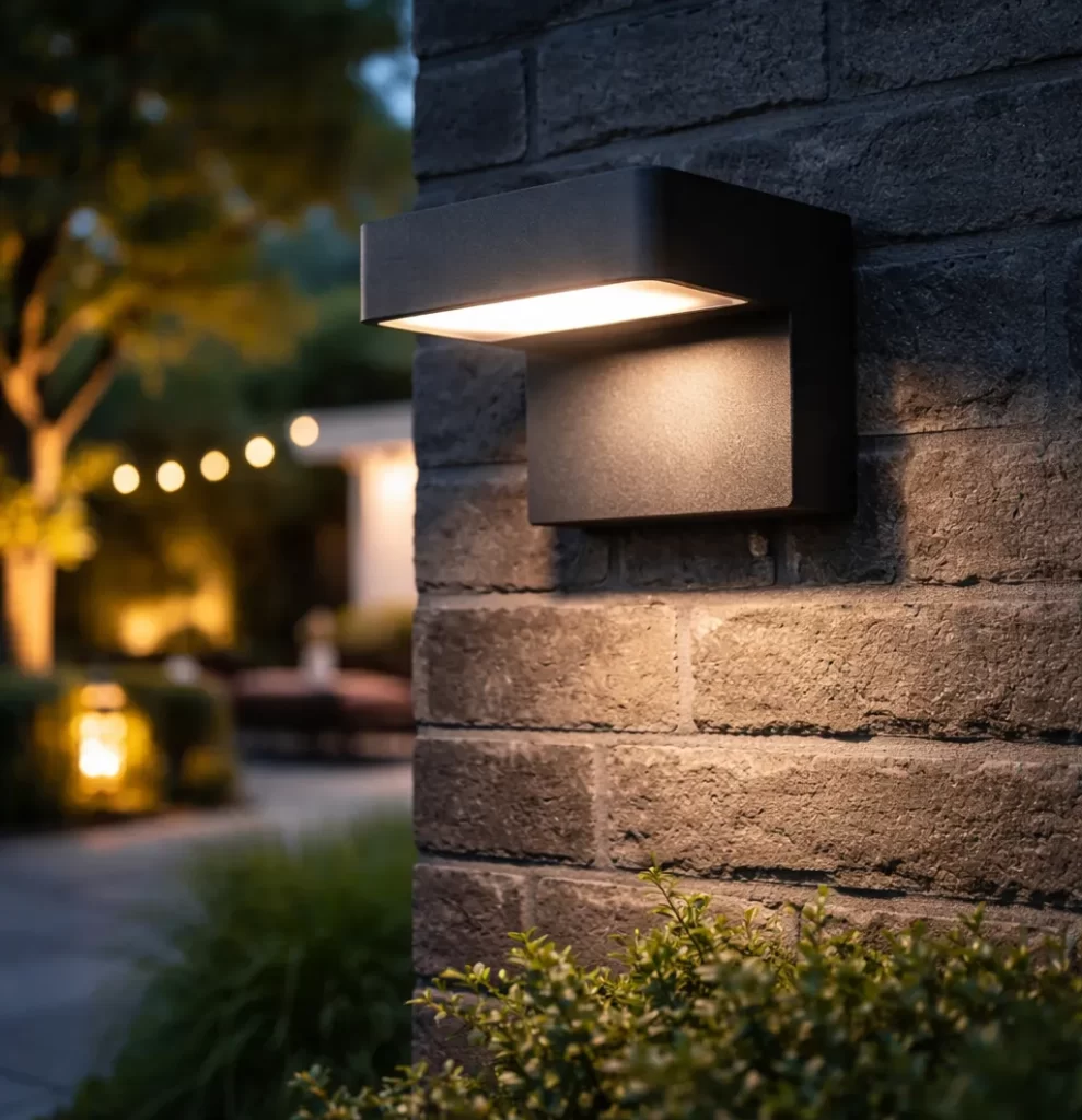 Moderne LED buitenlamp met warm licht voor tuin en gevel.