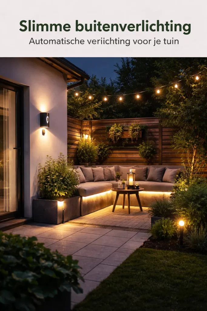 Moderne tuin met realistische slimme buitenlampen in warme avondsfeer.