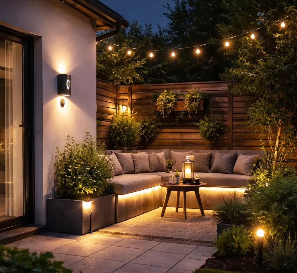 Moderne tuin met realistische slimme buitenlampen in warme avondsfeer.